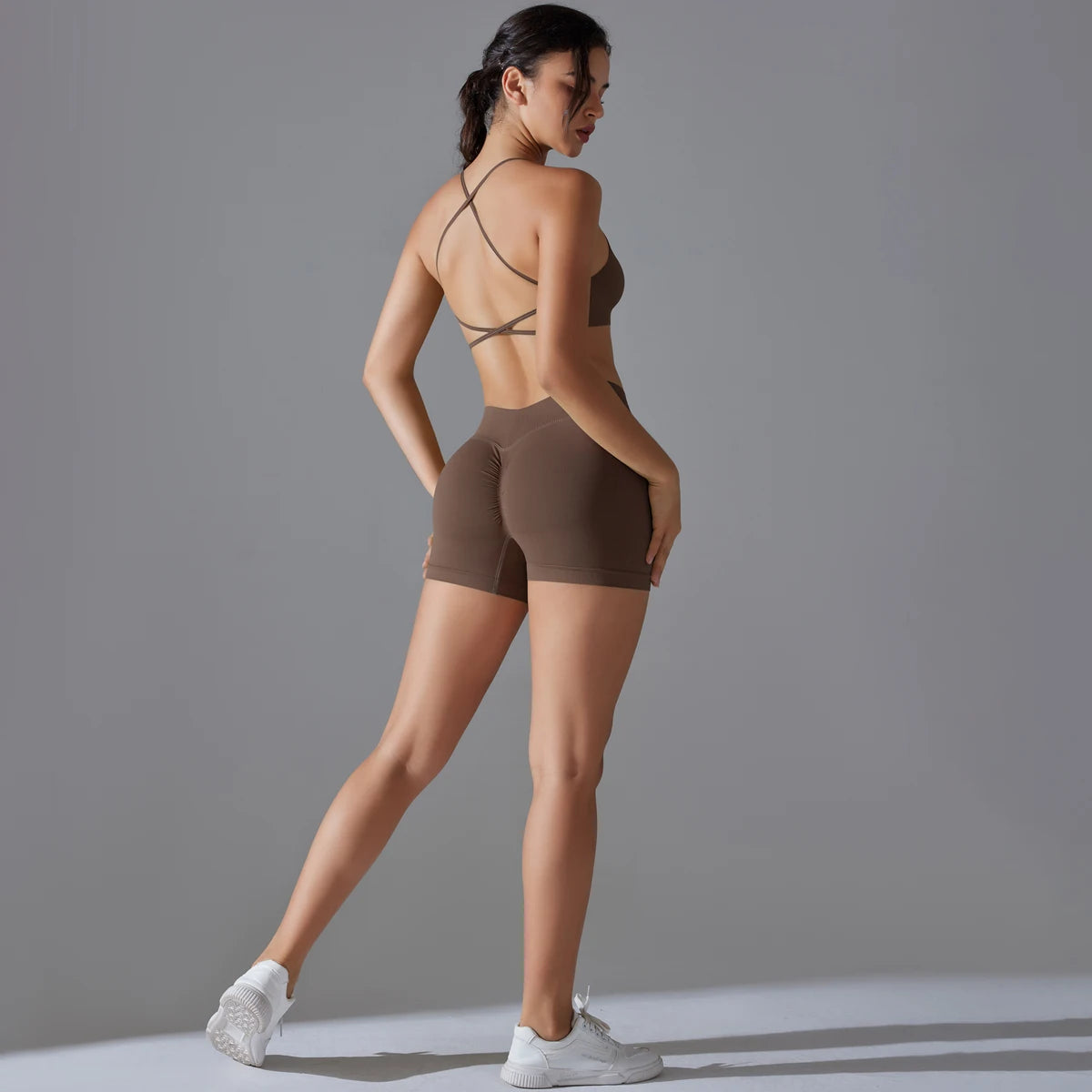 Conjunto deportivo de yoga, mallas de gimnasio de secado rápido, tirantes cruzados con absorción de impactos, pantalones cortos de ciclismo para mujer, entrenamiento de yoga.