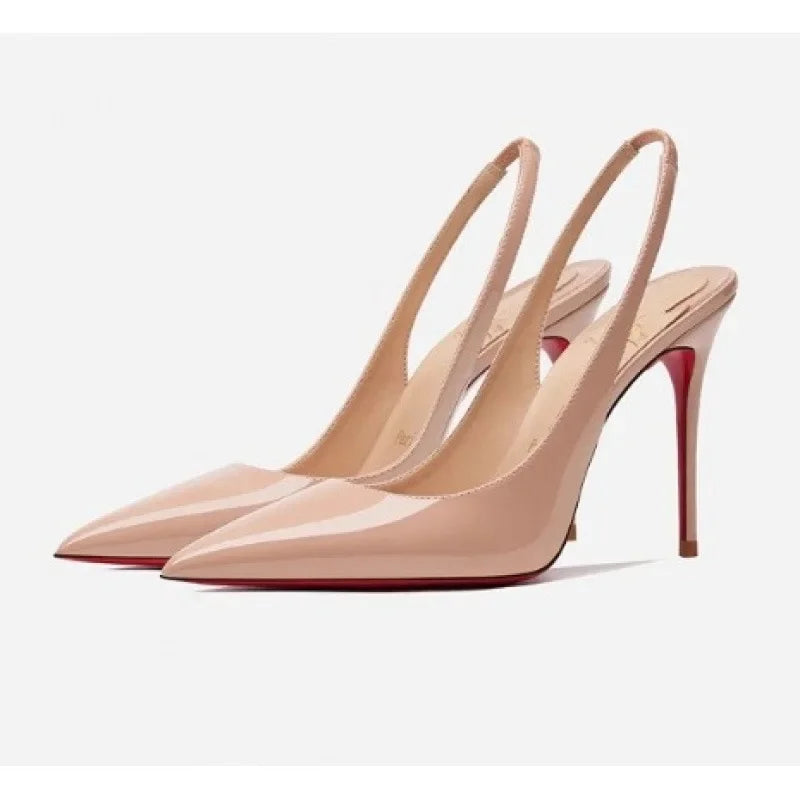 Sandalias sexis de tacón alto y punta abierta para mujer, tacón fino sin espalda, suela roja, color negro, nuevo estilo 2025, punta afilada, suela de goma.