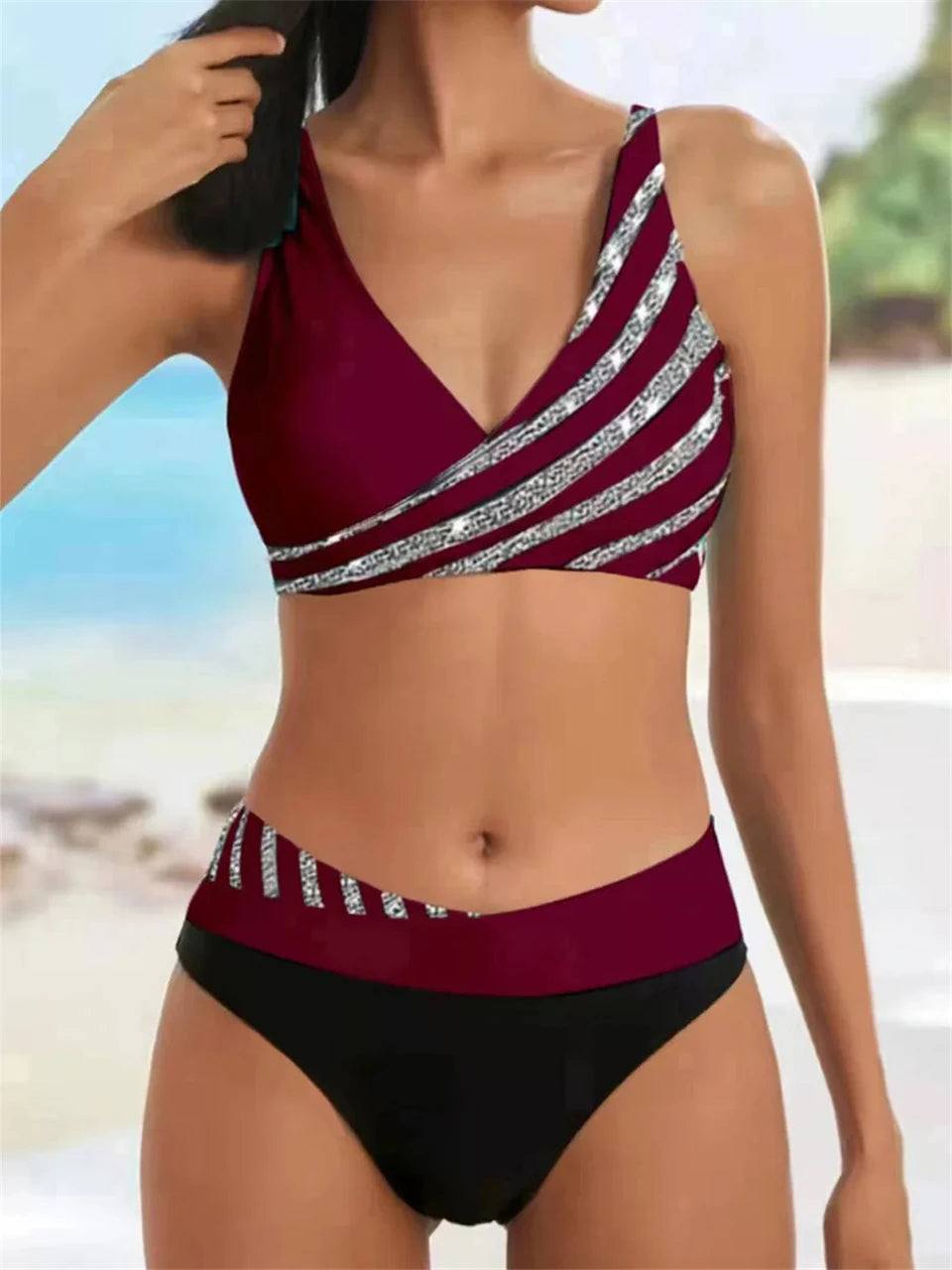 Conjunto de bikini con cuello en V 2024 para mujer, traje de baño de verano con estampado de rayas y patchwork, ropa de playa, traje de baño para mujer, talla 2XL