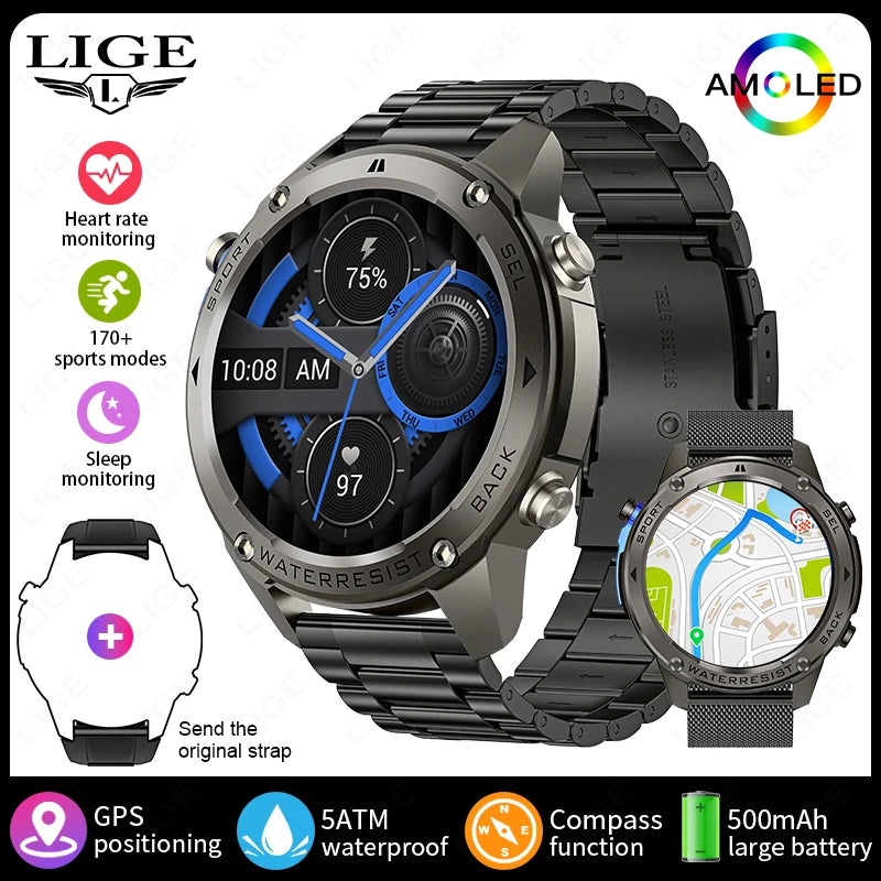Nuevo reloj inteligente para exteriores para hombre, batería de larga duración de 500 mAh, pantalla AMOLED, resistente al agua hasta 5 ATM, monitor de ritmo cardíaco, GPS, reloj inteligente militar.