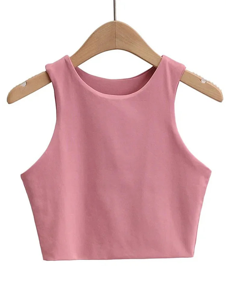 Tops ajustados sexis de moda de verano 2023 para mujer, cuello redondo, sin mangas, de nailon doble, de buena calidad, en 6 colores