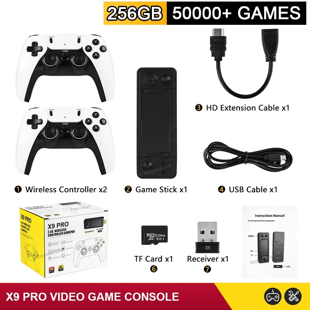 Consola de videojuegos X9 PRO GameStick 4K HD para TV, 128 GB, 256 GB, juegos 3D para PSP/PS1/N64/NDS, más de 40 simuladores, juegos retro, controlador dual de 2,4 GB