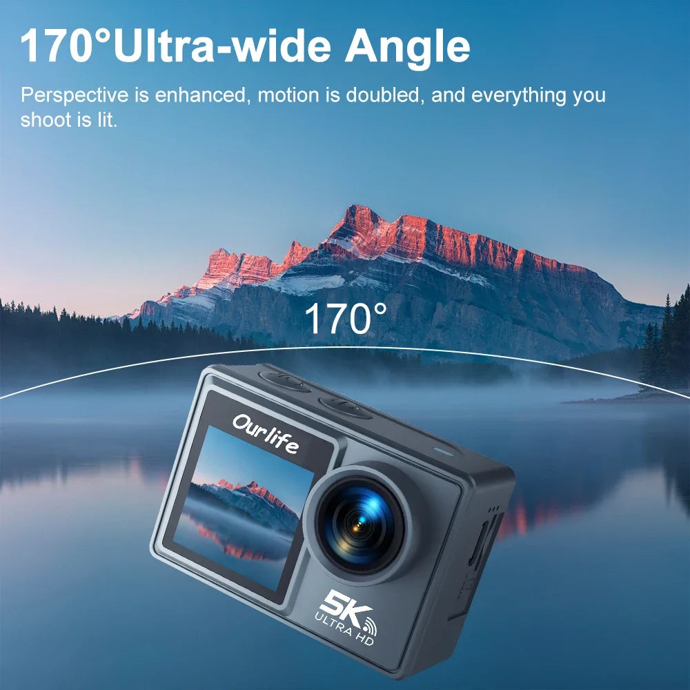 Cámara de acción M40TR 5K con pantalla táctil IPS de 2", zoom 5X, 170°, alcance de 30 m, antivibración, impermeable, control remoto WiFi, deportiva