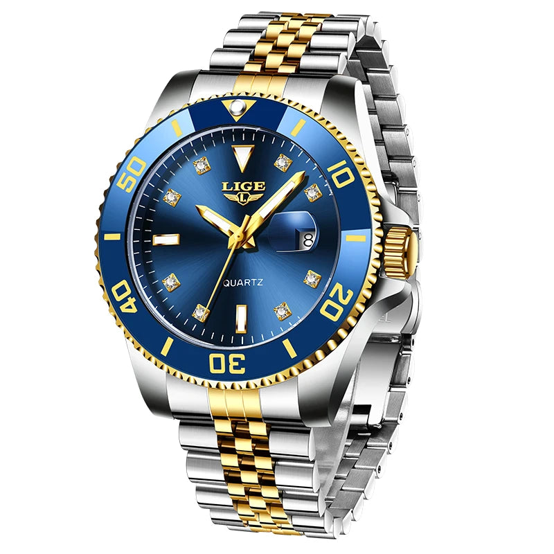 Reloj de lujo LIGE para hombre, reloj de cuarzo con esfera engastada de diamantes, resistente al agua, calendario, mariposa, doble cierre, acero inoxidable.