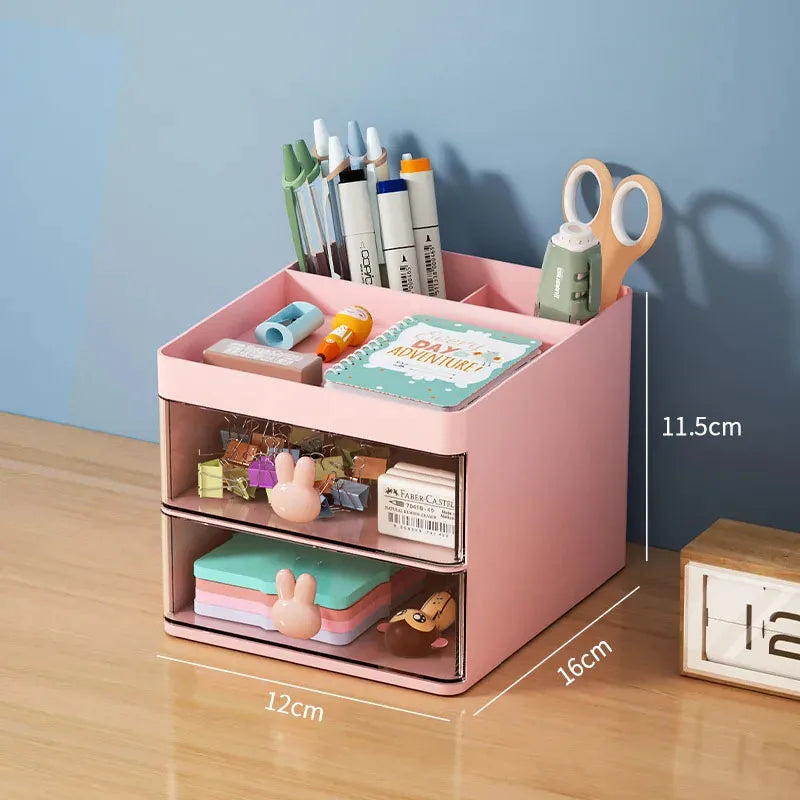 Organizador de escritorio pequeño con cajón, organizador de maquillaje, para tarjetas de presentación, bolígrafos, lápices, teléfono móvil y papelería.