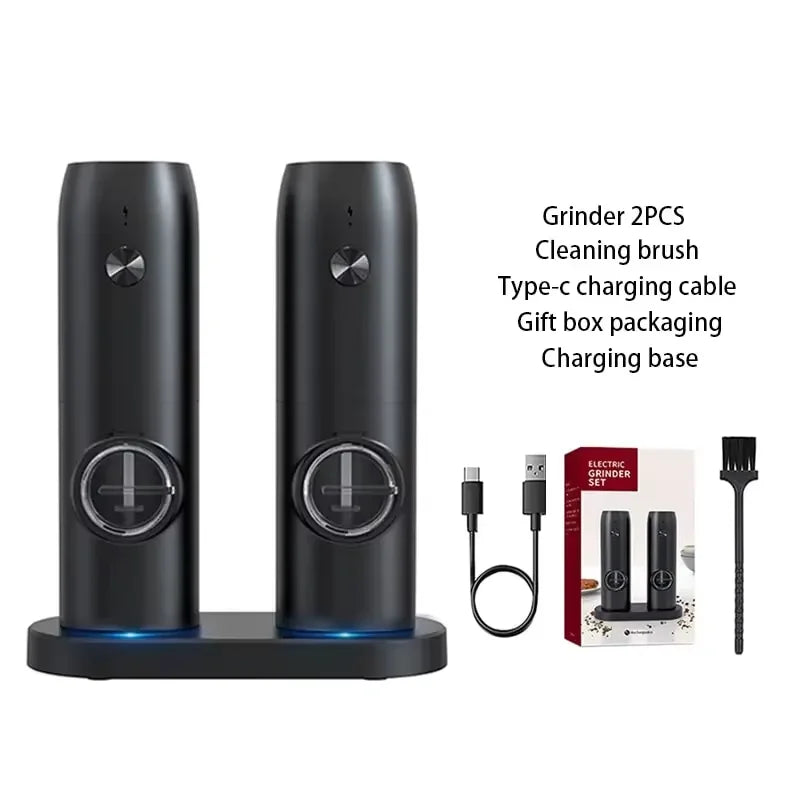 Juego de 2 molinillos eléctricos de sal y pimienta, molinillo de pimienta automático, recargable por USB, grosor ajustable, manejo con una sola mano