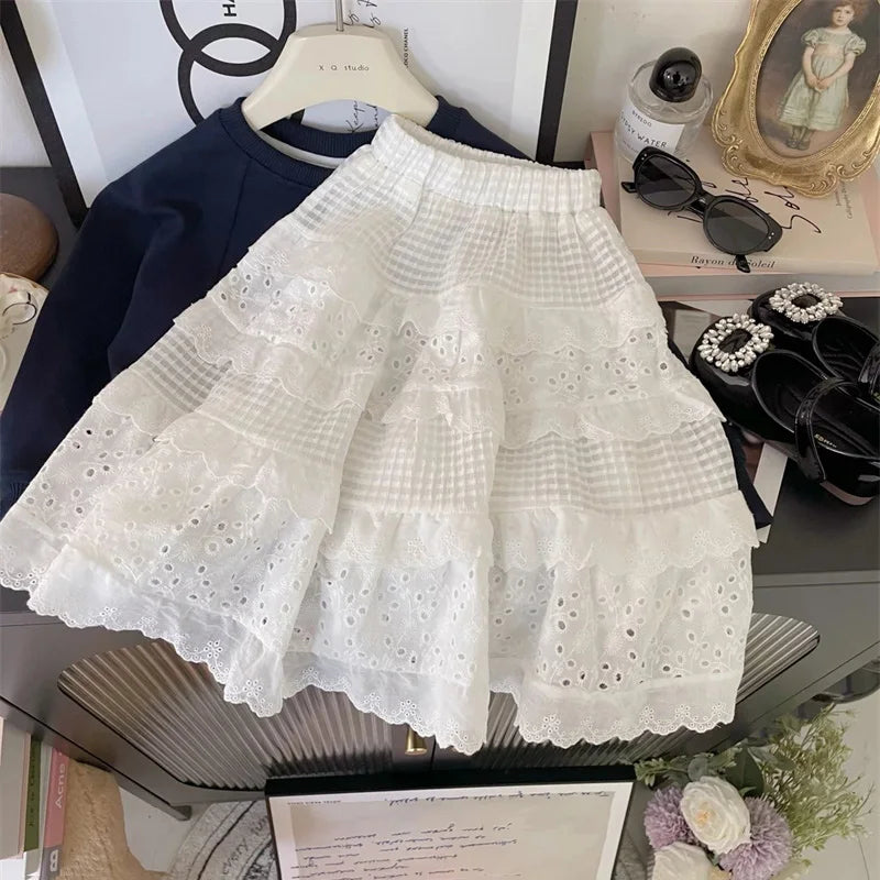 Ropa para niñas, faldas para niños, primavera, encaje, vestido de capas, falda larga informal blanca para niñas pequeñas, ropa de moda para niños de 2 a 8 años