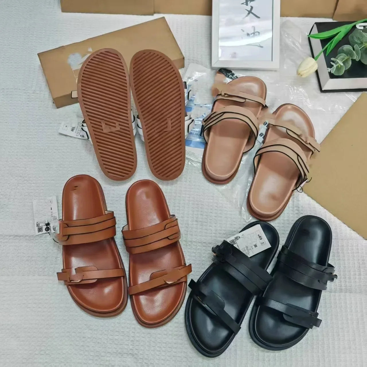 Sandalias planas de tacón grueso para mujer, sin cordones, de piel sintética, con suela de PVC, transpirables, con punta abierta, informales y cómodas.