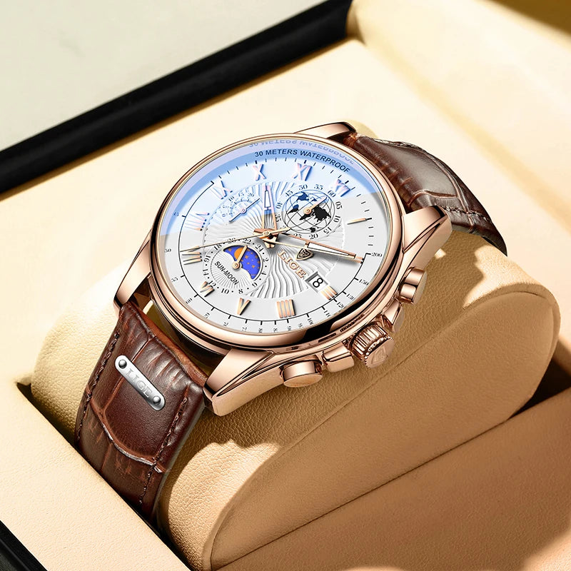 LIGE 2024 - Nuevo reloj de cuero azul para hombre, marca de lujo, resistente al agua, deportivo, con fecha, de cuarzo, Masculino