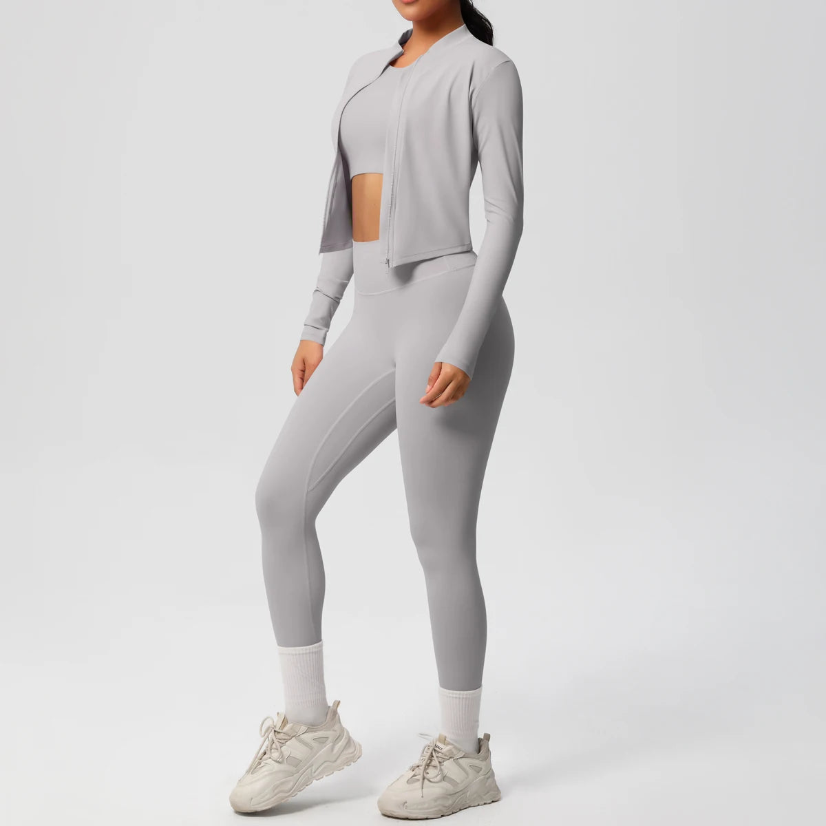 Conjunto de leggings de yoga, top deportivo con cremallera y manga larga, transpirable, para correr al aire libre, pantalones de yoga ajustados e informales, ropa de fitness