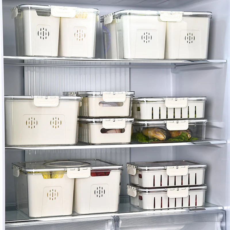 Caja de drenaje para cocina, contenedor de almacenamiento para intervalos, cesta de almacenamiento para refrigerador con asa, hecha de material PET, color blanco