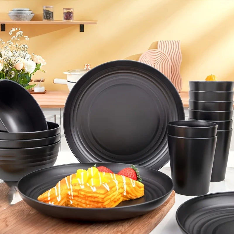 Juego de vajilla irrompible de 16 piezas, 8 platos, 4 cuencos y 4 tazas, apto para microondas y lavavajillas, ideal para camping, uso diario, color negro.