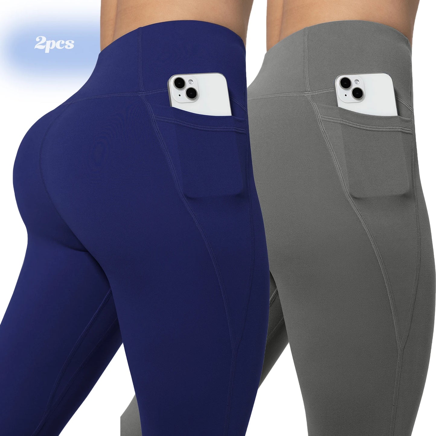 Leggings de yoga para mujer, 2 unidades, con bolsillos, color liso, para gimnasio, actividades al aire libre, cintura alta, ajustados, pantalones deportivos para correr.