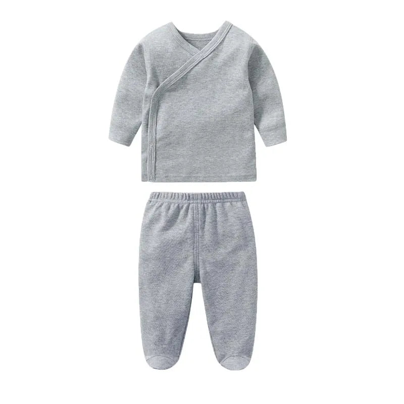 Conjunto de ropa para bebé, niño y niña, camiseta de manga larga de algodón con botones abiertos, pantalones de color liso, conjuntos de primavera para bebé.