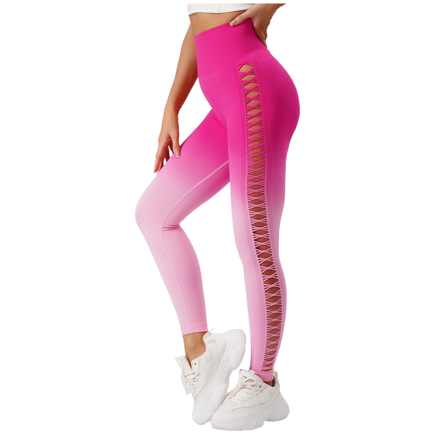 Womens Hip Tight Yoga Pants High Waist Side Hollowed-Out Mesh Design Exercise Yoga Leggings Running Gym Fitness