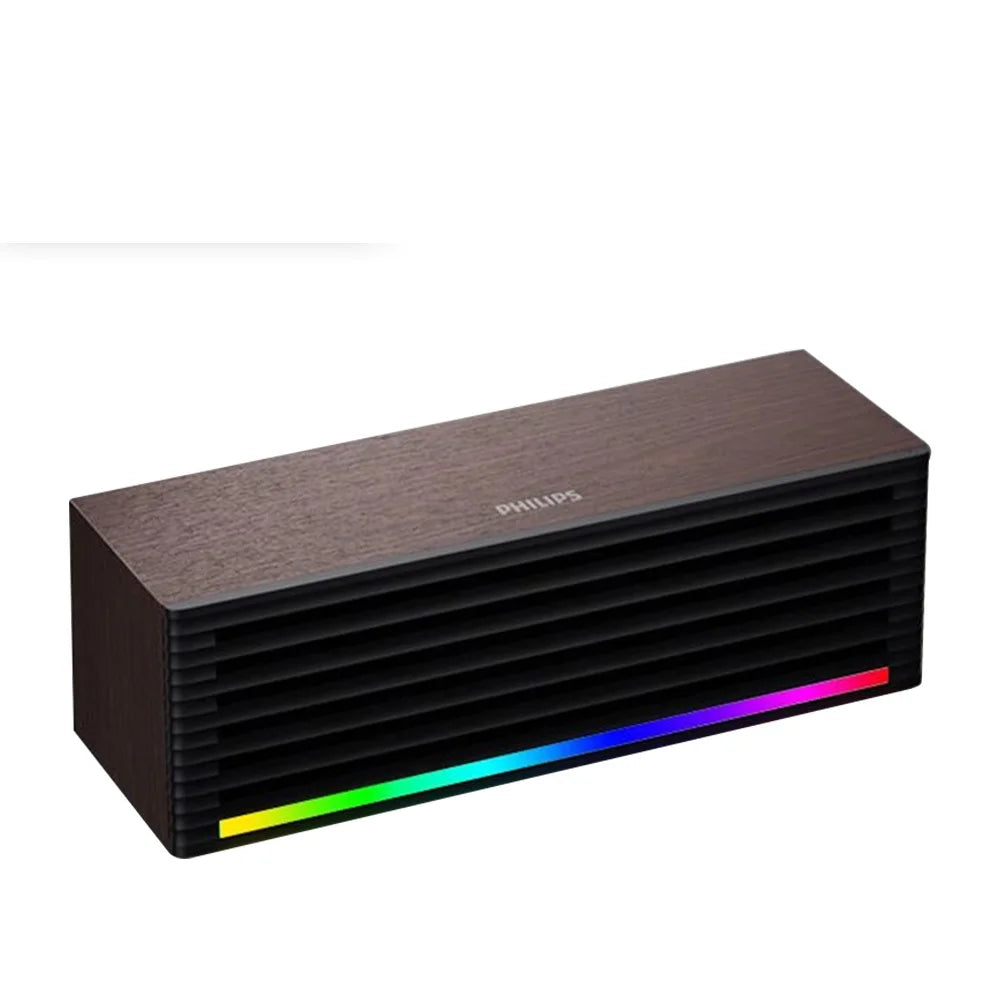 Barra de sonido de escritorio PHILIPS 3709, con un diseño de carcasa de madera simple, es moderna y compacta, y cuenta con tiras de luz RGB.