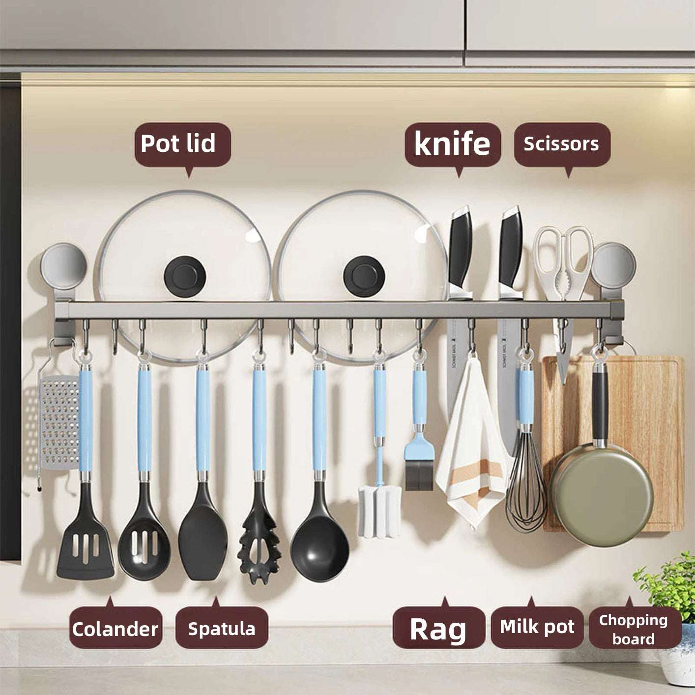 Gancho con ventosa para utensilios, estantes, soporte para cucharas, estante para trapos de cocina, estante para tablas de cortar, soporte para cuchillos, gancho para fila, organizador de cocina