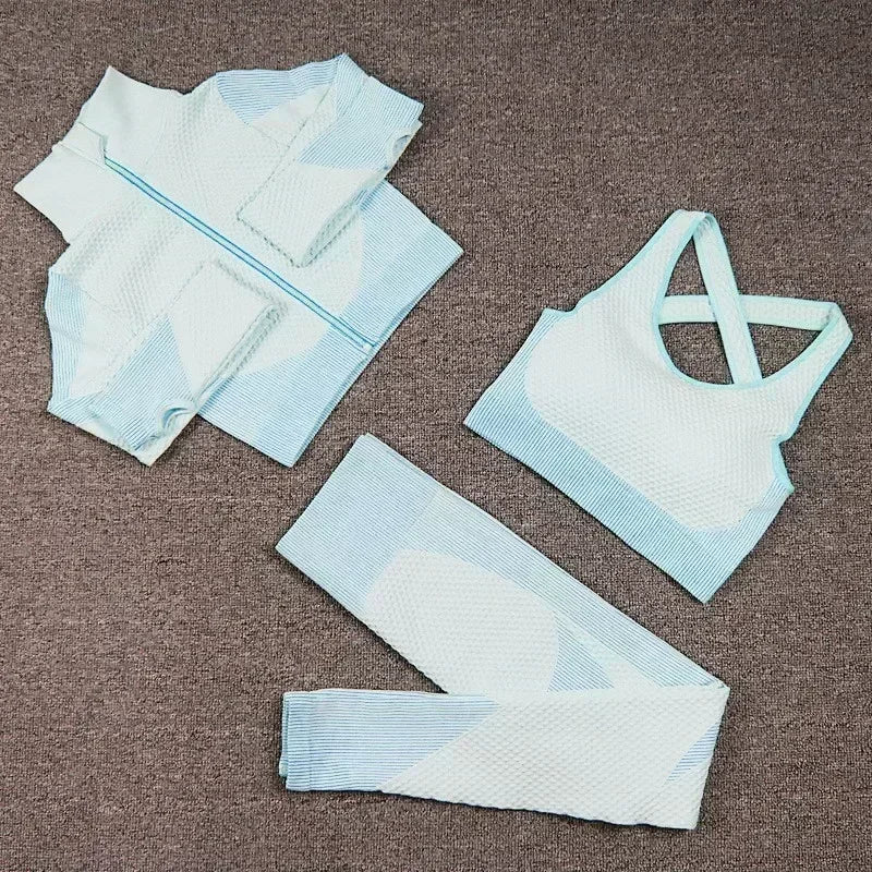 Conjunto de 3 piezas de yoga sin costuras, chaleco deportivo de fitness, pantalones de cintura alta que levantan la cadera, ropa de entrenamiento, conjunto de leggings de gimnasio para mujer