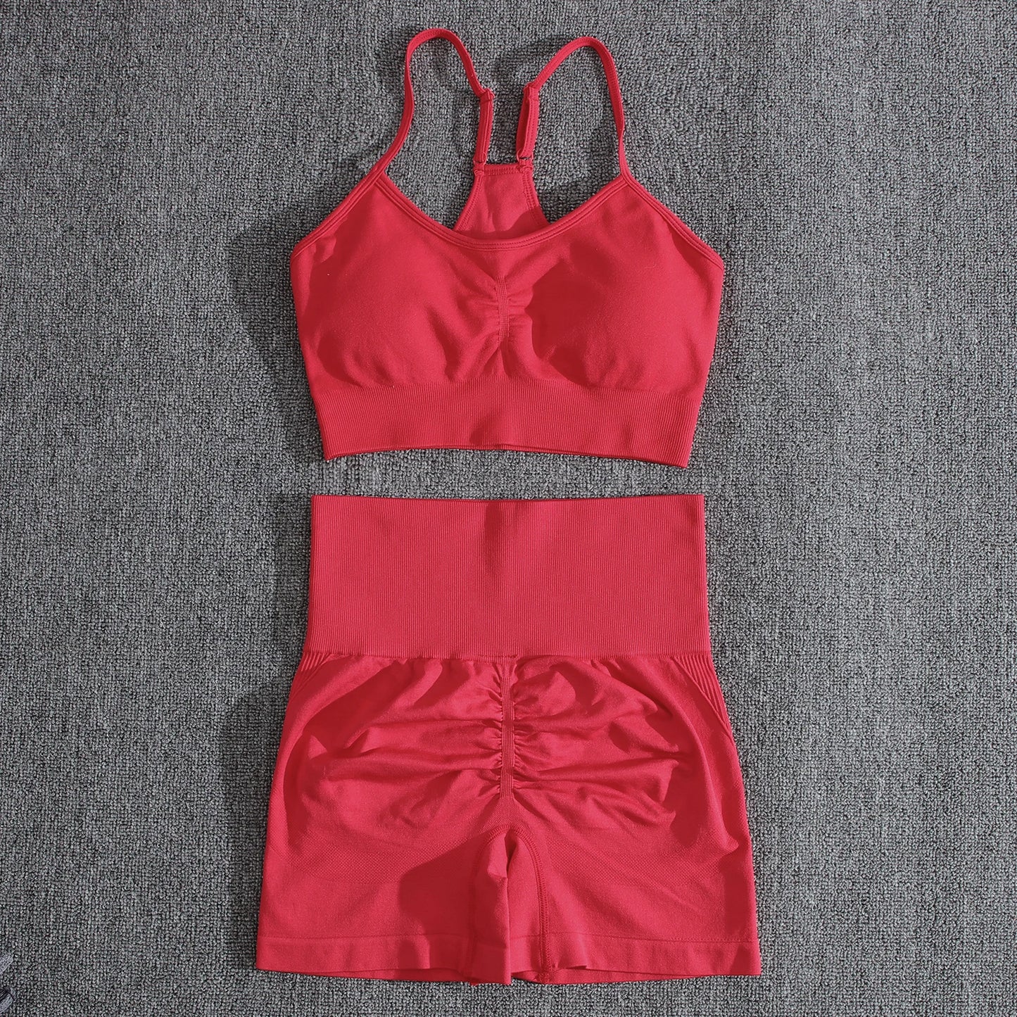 Conjuntos de dos piezas para mujer, pantalones cortos color melocotón, chándal femenino, conjunto de gimnasio, pantalones cortos de fitness con cuello halter, sujetador push up de verano