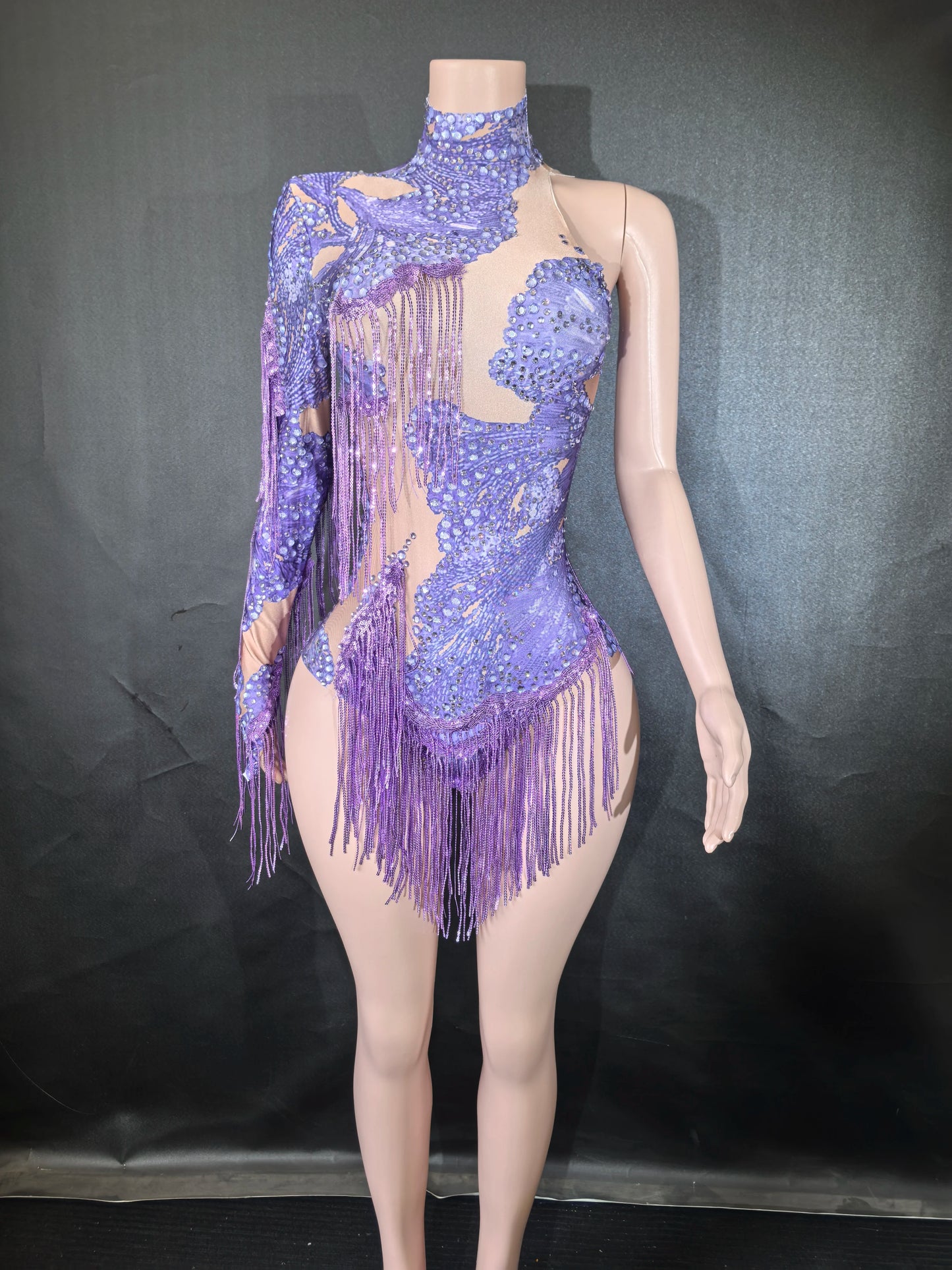 Sexy Skinny Leotard Singer Dancer Show StageWear Sparkly Blue Rhinestones Women DanceCostume Fringes One Shoulder Bodysuit 7G
