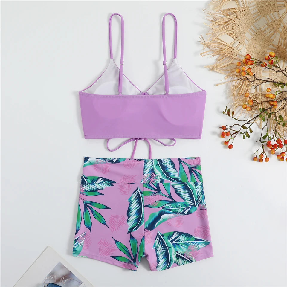 Bikini con cordón y estampado tropical para mujer, traje de baño de cintura alta con lazo frontal, pantalones cortos, traje de baño sexy para mujer, ropa de playa de verano