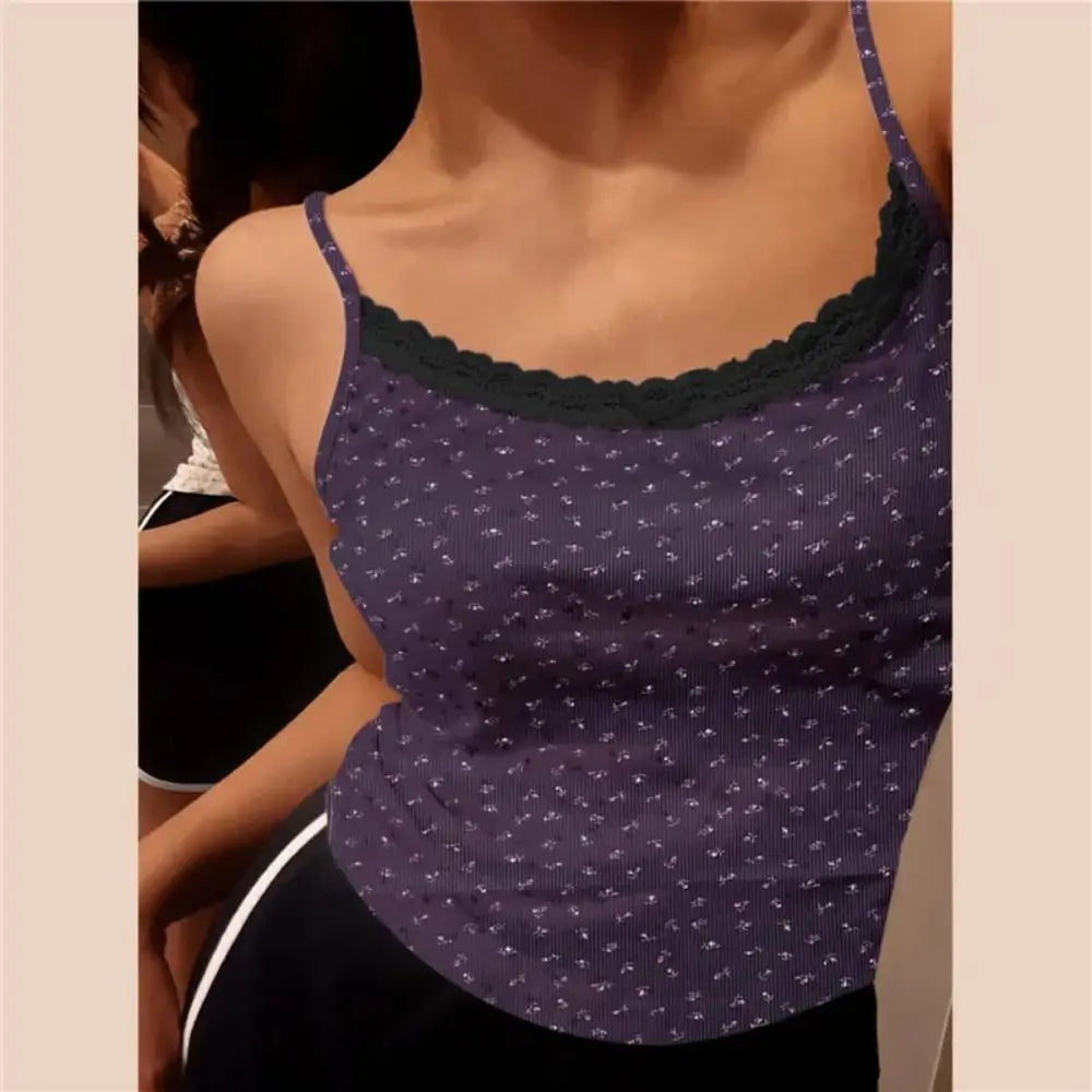 Camisola elegante con estampado floral de encaje 2024 Y2K, chaleco sexy ajustado, tops florales, talla única, camisetas sin mangas florales, primavera