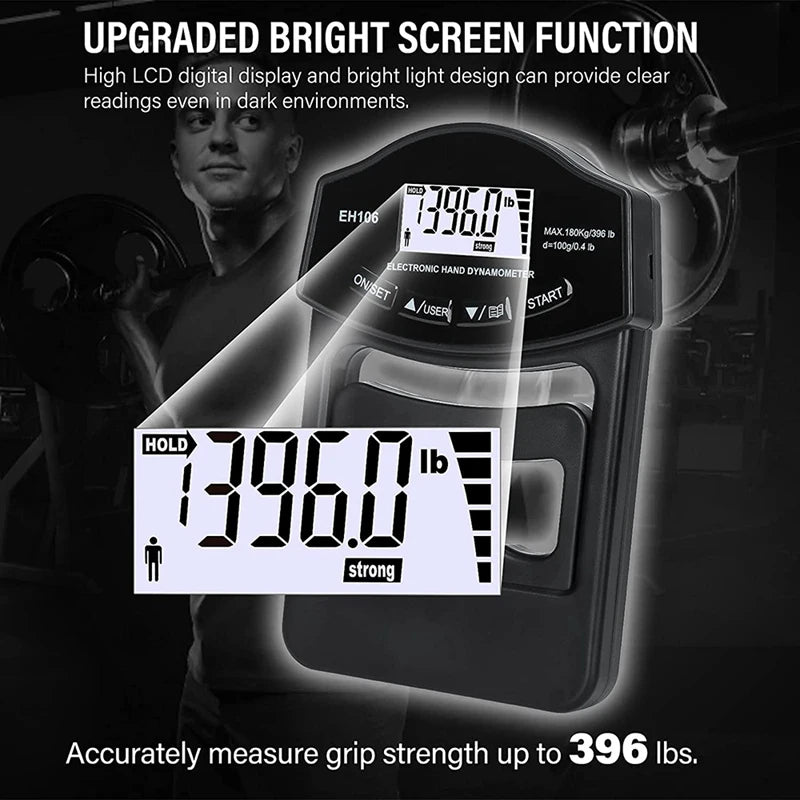 Dinamómetro digital de mano de 180 kg con pantalla LCD para entrenamiento de antebrazo y levantamiento de pesas.