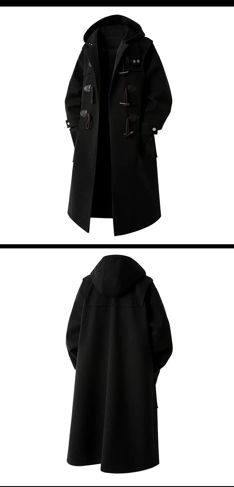 Autumn Men Thick Hooded Trench Coat Men Korean Wool Blends Overcoat Men Casual Horn Button Woollen Coat Black Warm Loose Coat