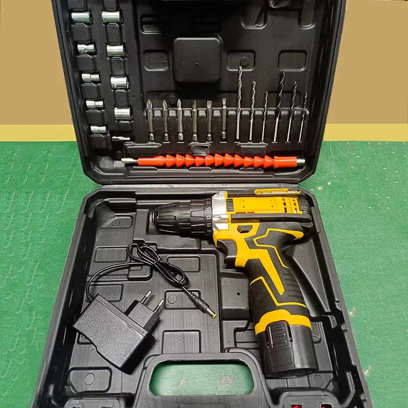 Taladro eléctrico de litio, destornillador eléctrico, taladro eléctrico manual, juego de herramientas eléctricas, caja de accesorios multifuncional, embalaje