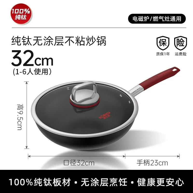 Sartén/wok antiadherente sin revestimiento de titanio puro Cornbach - Wok especial para cocinas de gas e inducción domésticas