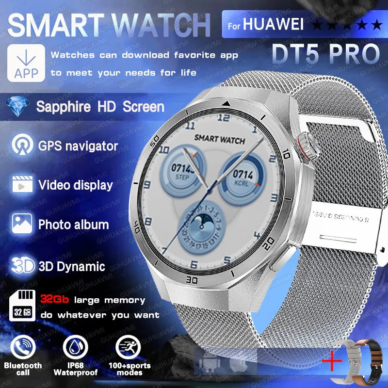 Reloj inteligente HUAWEI DT5 Pro con memoria de 32 GB, música local, llamadas Bluetooth, rastreador GPS, brújula, menú 3D, Bluetooth, para hombres y mujeres (2025)