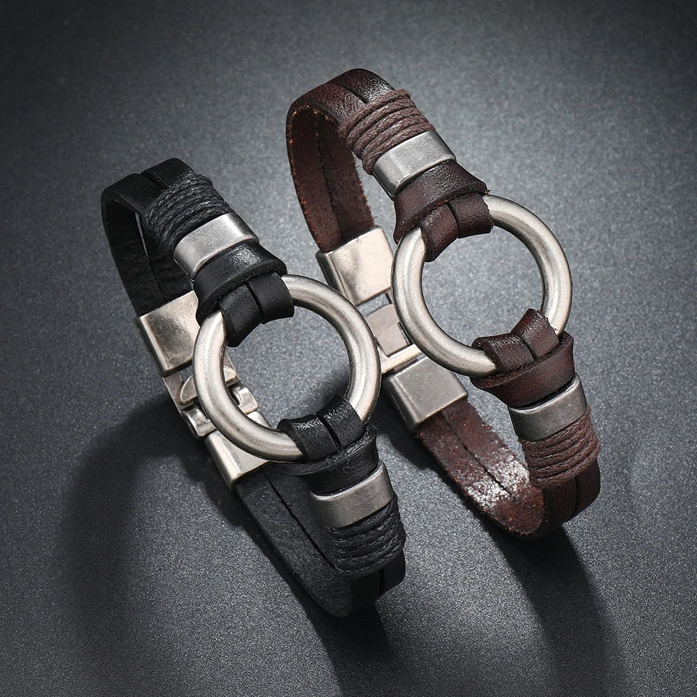 Pulsera de cuero genuino hecha a mano para hombres y mujeres, pulsera sencilla