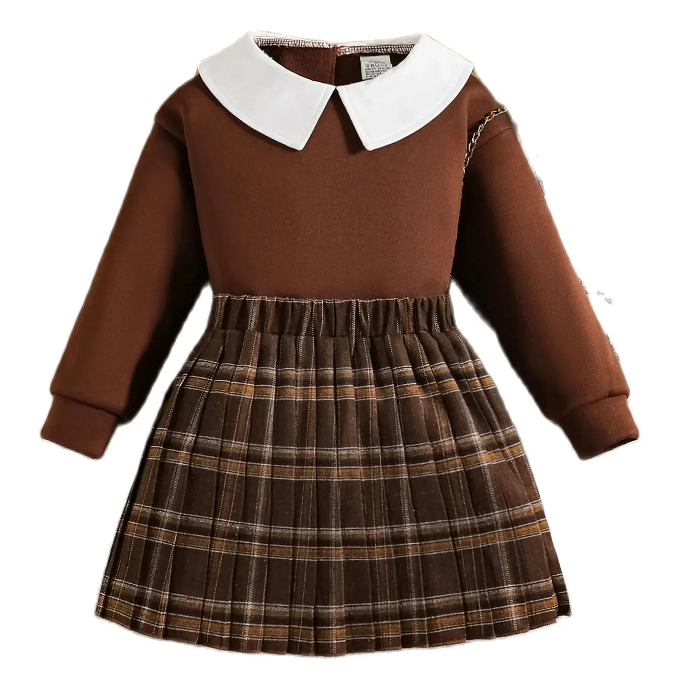 Ropa infantil para primavera y otoño, moda para niñas, lindo conjunto de color liso, top de manga larga con solapa + falda plisada a cuadros dos