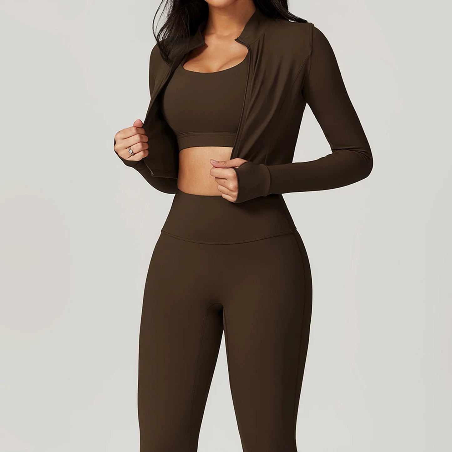Conjunto de yoga de 3 piezas para mujer, conjuntos de entrenamiento, ropa deportiva para gimnasio, ropa deportiva con cremallera, leggings de manga larga y cintura alta, trajes deportivos, traje de yoga