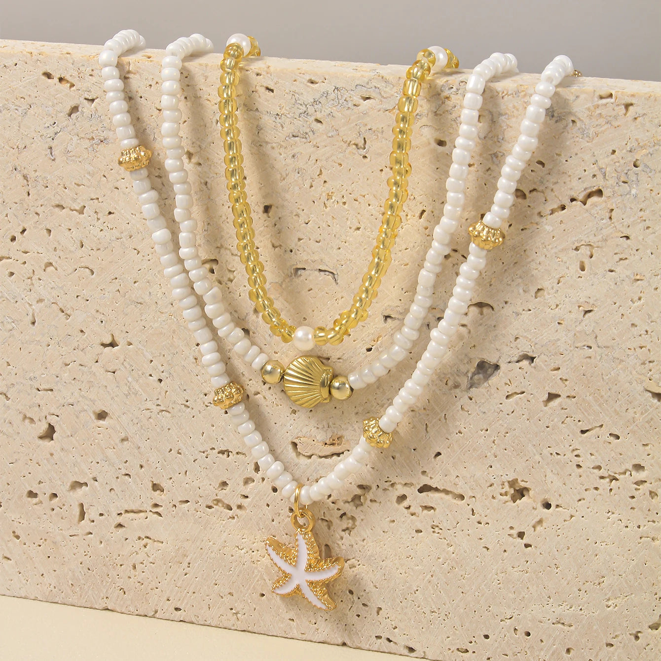 Gargantilla vintage de cuentas multicapa apiladas, hecha a mano, con colgante de concha de estrella de mar, para mujer, joyería para fiesta en la playa de verano.
