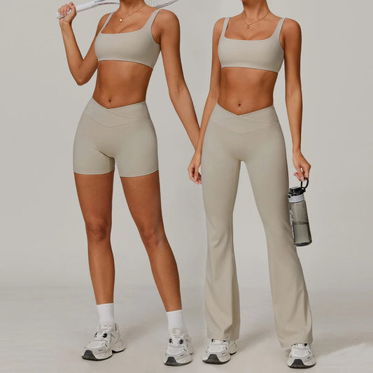 Nuevo conjunto de yoga para mujer, ropa deportiva para gimnasio, sujetador deportivo y pantalones cortos, conjuntos de leggings, atuendos de sensación desnuda, ropa deportiva femenina, chándal