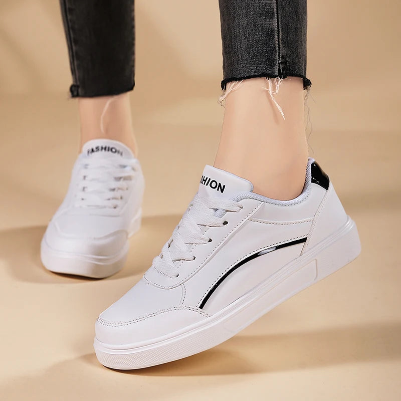 Zapatos blancos planos para mujer, informales, con cordones, de piel sintética, suela gruesa, de lujo, para exteriores
