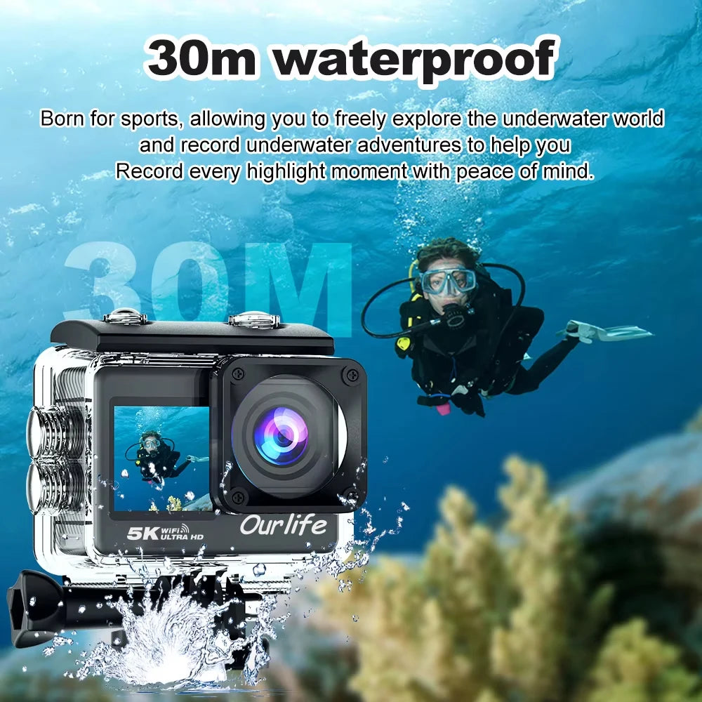 Cámara de acción Ourlife 5K 4K60FPS, pantalla táctil de 2.0 pulgadas, WiFi, gran angular de 170°, resistente al agua hasta 30 m, con casco, grabación de vídeo, cámaras deportivas.