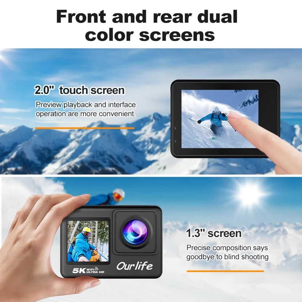 Cámara de acción Ourlife 5K 4K60FPS, pantalla táctil de 2.0 pulgadas, WiFi, gran angular de 170°, resistente al agua hasta 30 m, con casco, grabación de vídeo, cámaras deportivas.