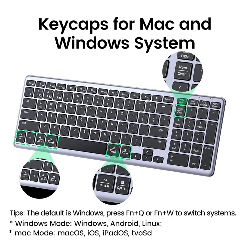Teclado inalámbrico UGREEN Bluetooth 5.0 2.4G con 99 teclas en ruso/coreano/inglés para MacBook, iPad, PC y tabletas, recargable por USB C.