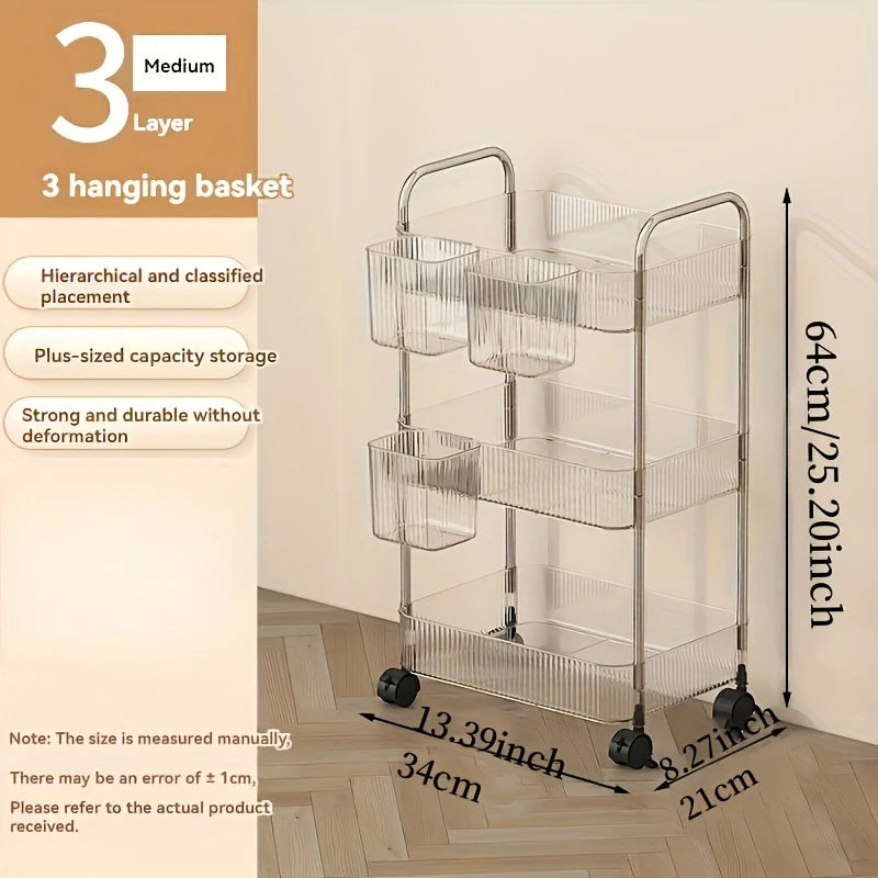 Carrito de almacenamiento transparente de 3 niveles con ruedas: organizador rodante multifuncional para el hogar y la oficina, ideal para el dormitorio y la sala de estar.