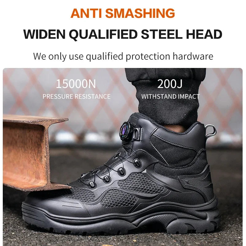 Botas de trabajo con hebilla giratoria, zapatos de seguridad con punta de acero, zapatos de seguridad transpirables para hombre, zapatos indestructibles de marca, zapatos de trabajo a prueba de pinchazos.