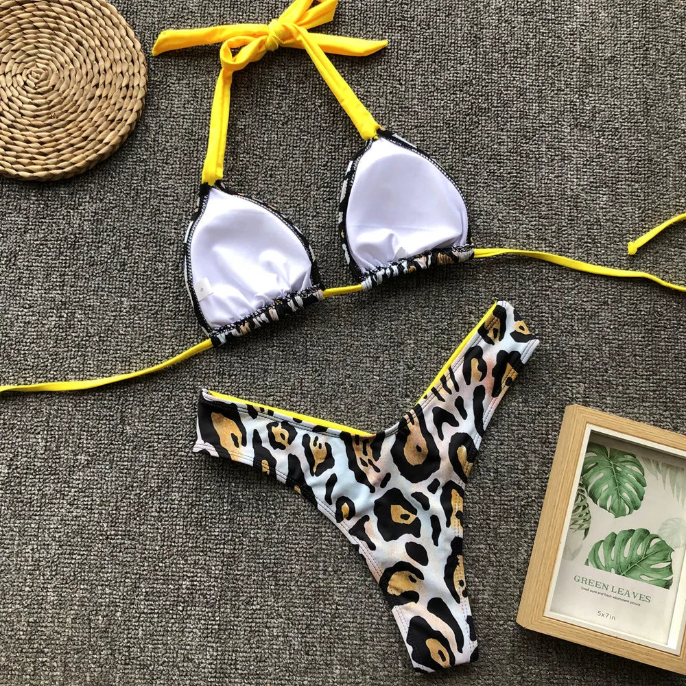 Bikini 2024 Sexy Leopardo Estampado Floral Halter Traje de Baño Traje de Baño Mujeres Bikini Conjunto Traje de Baño Playa Bikini Femenino Banadores Mujer