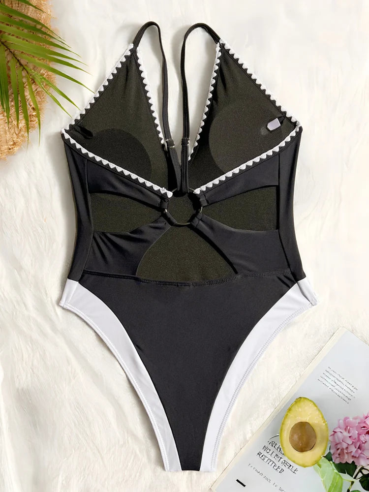 Vigoashely 2025 Lady Sexy Strapped Swimwear Women Solid Patchwork One Piece Swimsuit Monokini Backless Summer Beach Bathing Suit