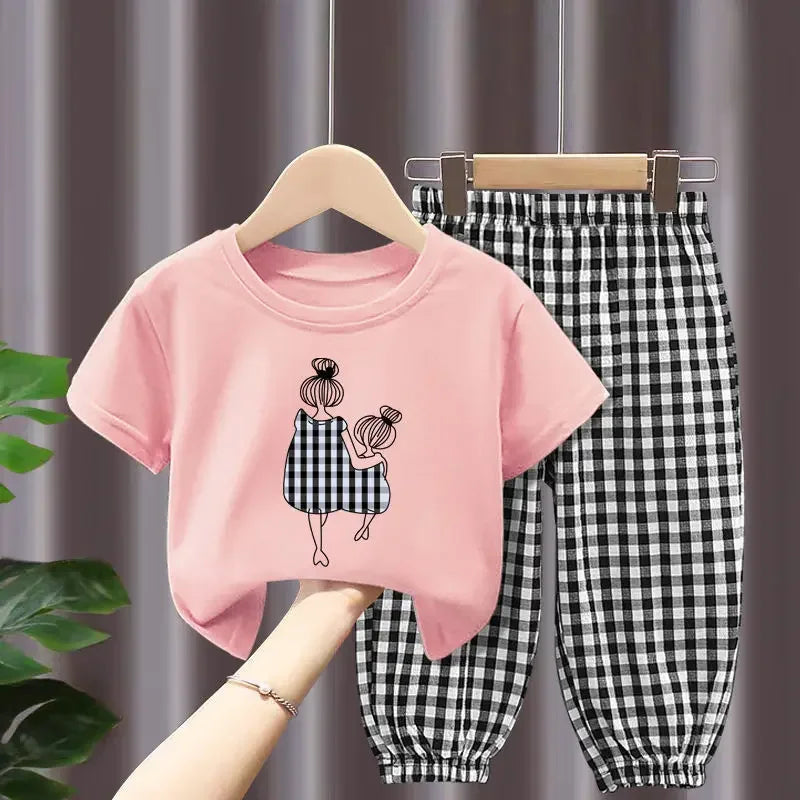 Conjuntos de ropa infantil para madre e hija: camiseta de manga corta estampada y pantalón a cuadros, ropa para niñas de 2 a 8 años
