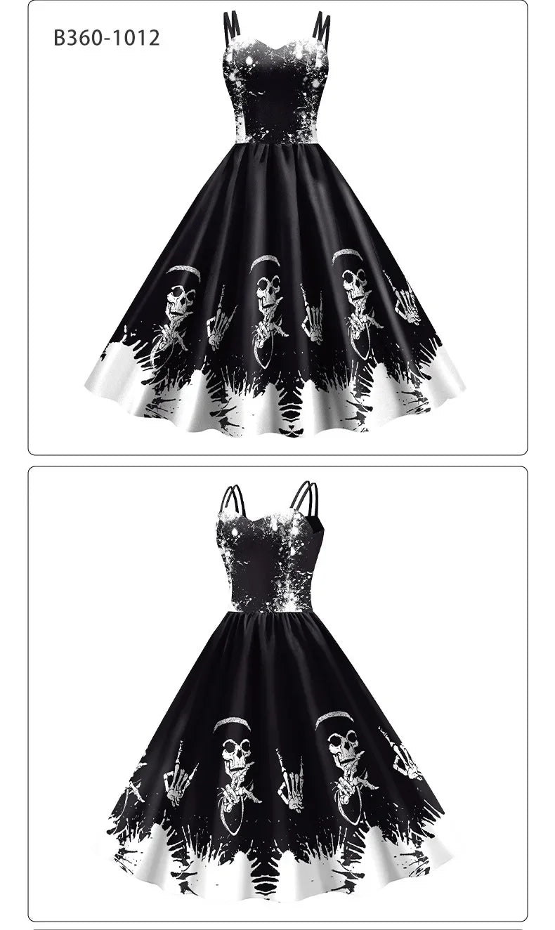 Halloween Costume Skeleton Rose Print Women Girl Female Goth Horror Rockabilly Carnival Fancy Dress Up Party Performance