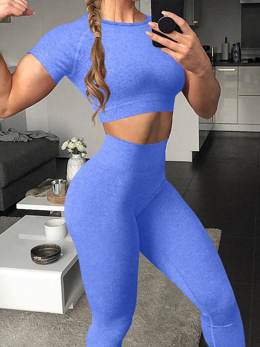 Conjunto de yoga de verano para mujer, cuello redondo, cintura alta, levantamiento de cadera, ajustado, moldeador, conjunto deportivo de dos piezas para fitness