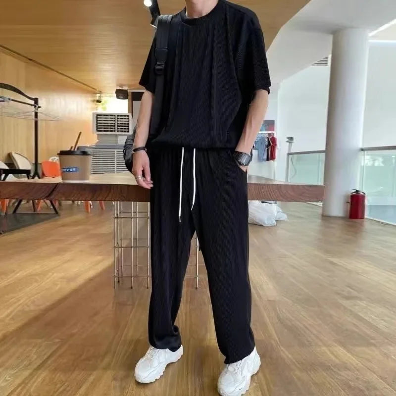 Conjunto deportivo informal de verano para hombre, de seda de hielo, con camiseta fina de manga corta y pantalones largos de secado rápido, a juego con media manga.