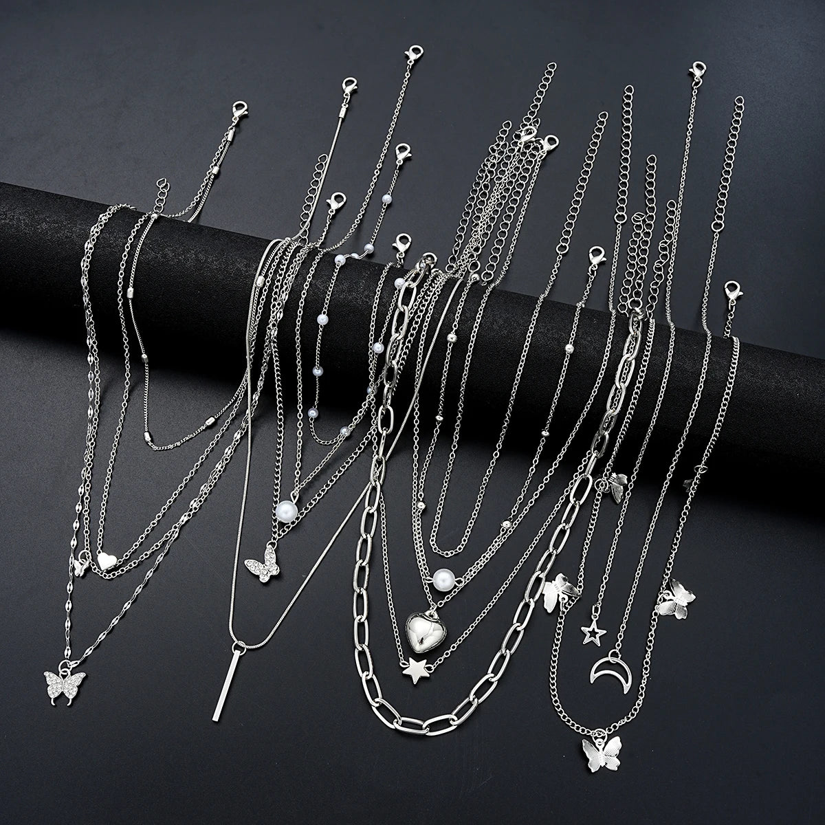 Juego de 13 collares sencillos con temperamento, mariposa, perla, corazón, estrella, circonita, color plateado, para mujer, joyería de moda, regalo