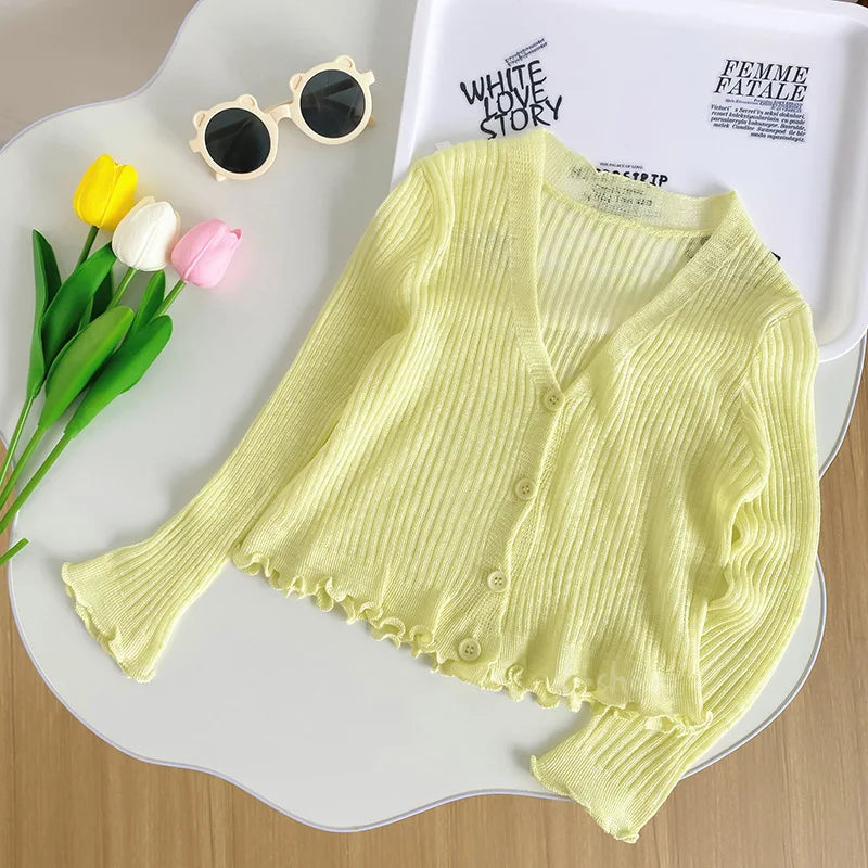 Ropa para niños, cárdigan de punto para niñas, novedad de verano 2025, estilo extranjero, camisa fina con protección solar para bebés.